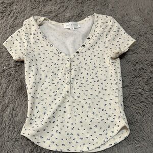 White and Blue Floral Button-Up Top